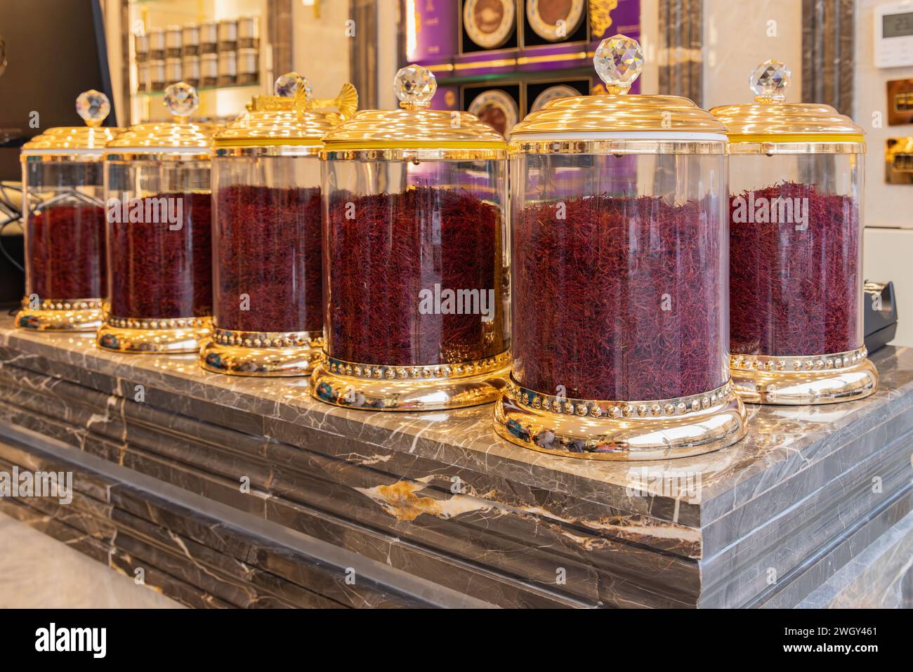 Middle East, Saudi Arabia, Riyadh, Al-Dirah. November 11, 2023. Jars of saffron at the Souq Al-Zal. Stock Photo