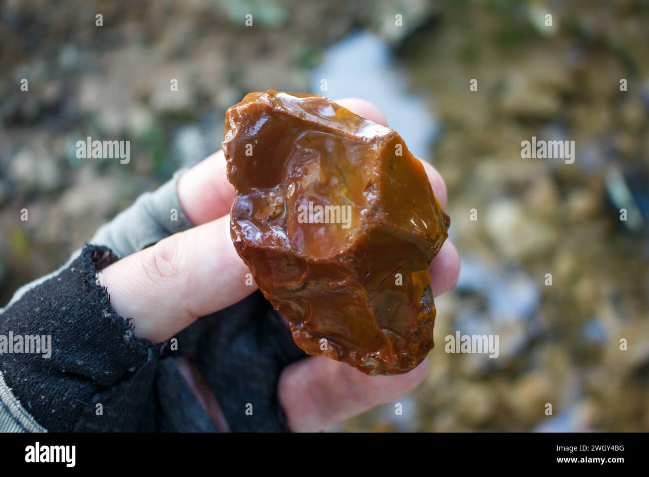 Red-brown flint with traces of retouching on the edge, Stone Age flint tool in hand Stock Photo