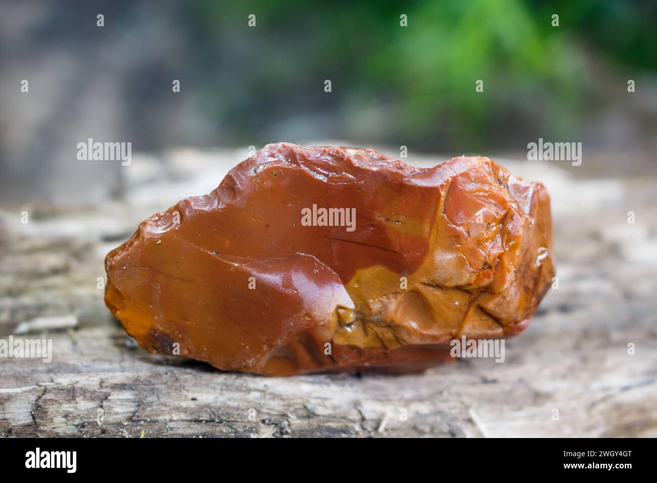 Stone Age flint tool with traces of retouching on the edge Stock Photo