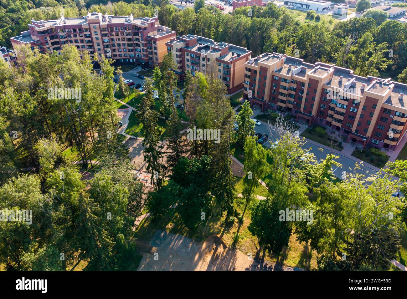 Aerial view of a park area inside a residential development Stock Photo