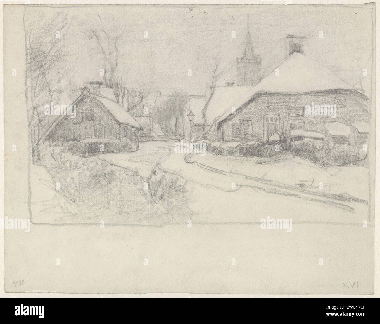 Snowy village, Jan Veth, 1874 - 1925 drawing paper. pencil prospect of ...