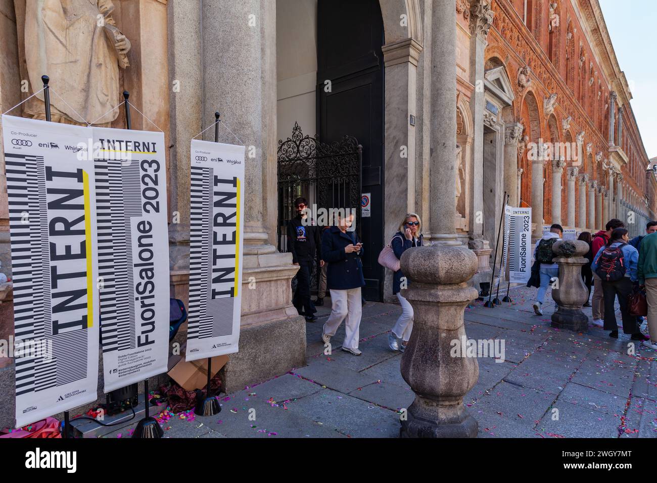 MILAN, ITALY-17 APRIL 2023: Interni Design Re-Evolution, Fuorisalone event in the State University courtyard during the designweek Stock Photo