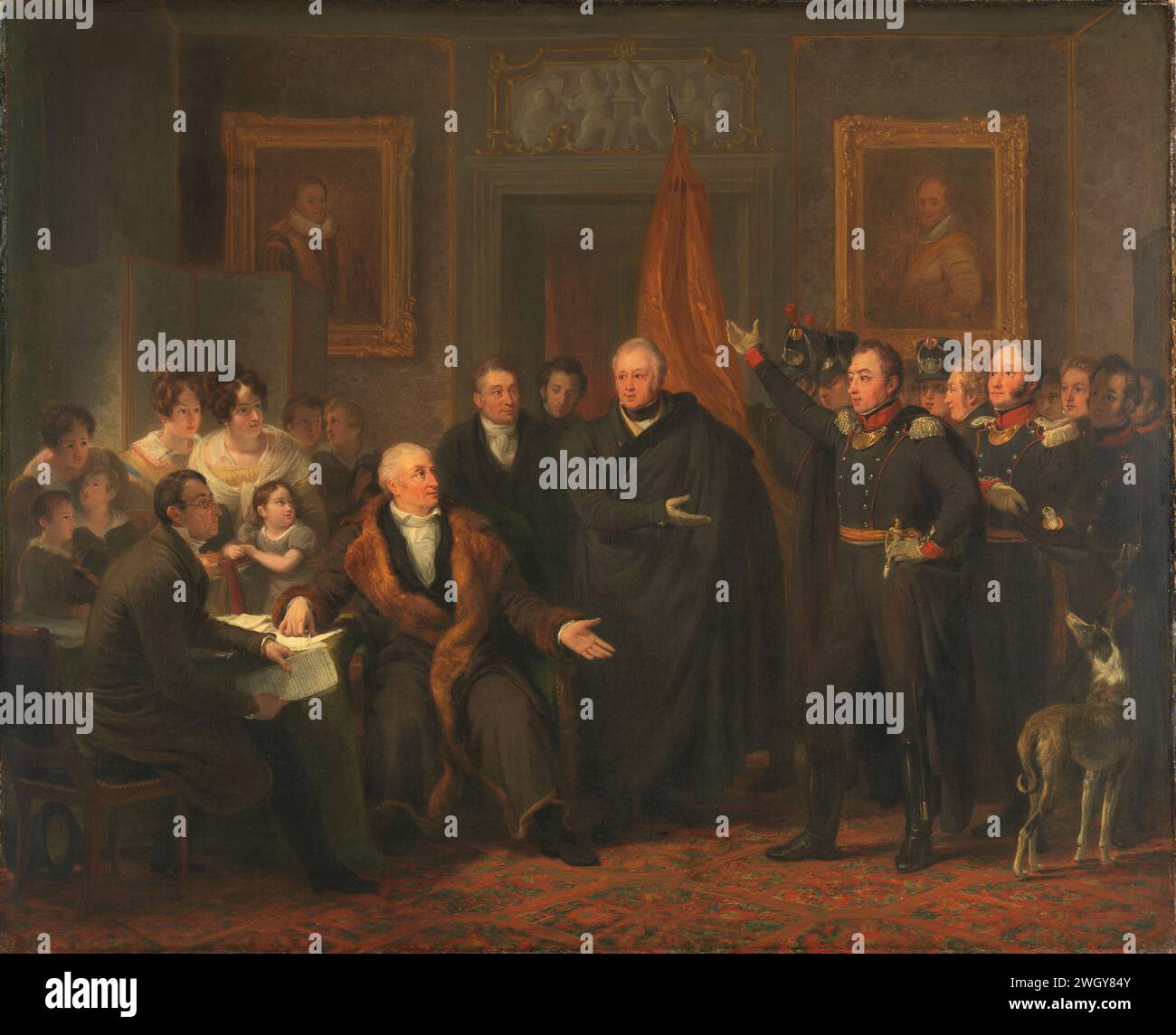 Triumvirate Assuming Power in the Name of the Prince of Orange, 21 November 1813, Jan Willem Pieneman, c. 1828 painting The acceptance of the high regime by the triumvirate in the name of the Prince of Orange on November 21, 1813 at the home of Gijsbert Karel van Hogendorp, sitting right of the table. Behind him is Van der Duyn van Maasdam and stands next to him, pointing to the officers, Count of Limburg Stirum. On the right is with lifted hand Colonel van Oldebarnevelt, called Witte Tullingh, behind him Kapitien van Heynsbergen. Sitting left at the table is Elias Canneman, behind him women w Stock Photo
