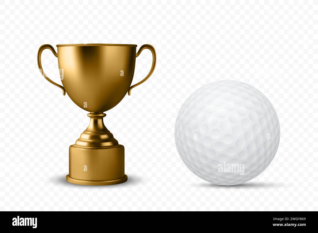 Vector 3d Realistic Blank Golden Champion Cup Icon with Golf Ball Set Closeup Isolated. Design Template of Championship Trophy. Sports Awards, Victory Stock Vector