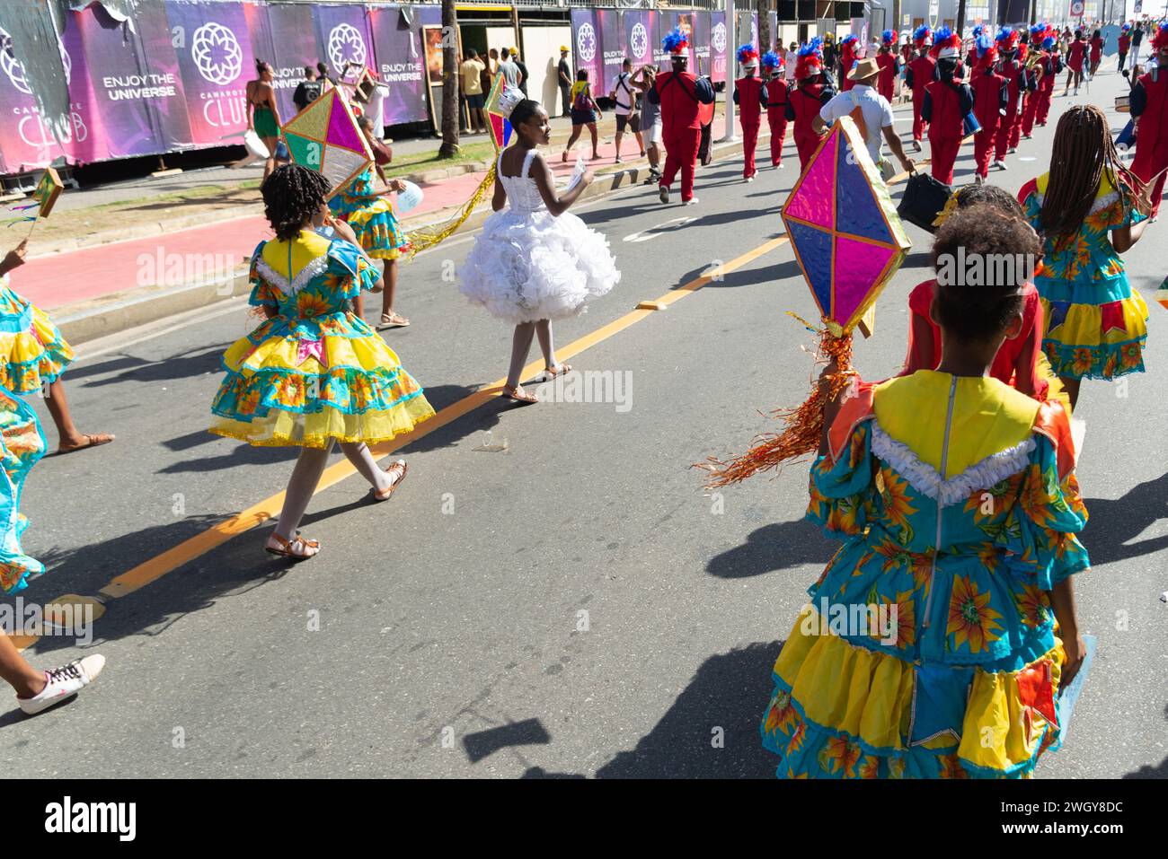 Salvador, Bahia, Brazil - February 03, 2024: Traditional cultural group is seen parading during the Fuzue pre-carnival parade in the city of Salvador, Stock Photo
