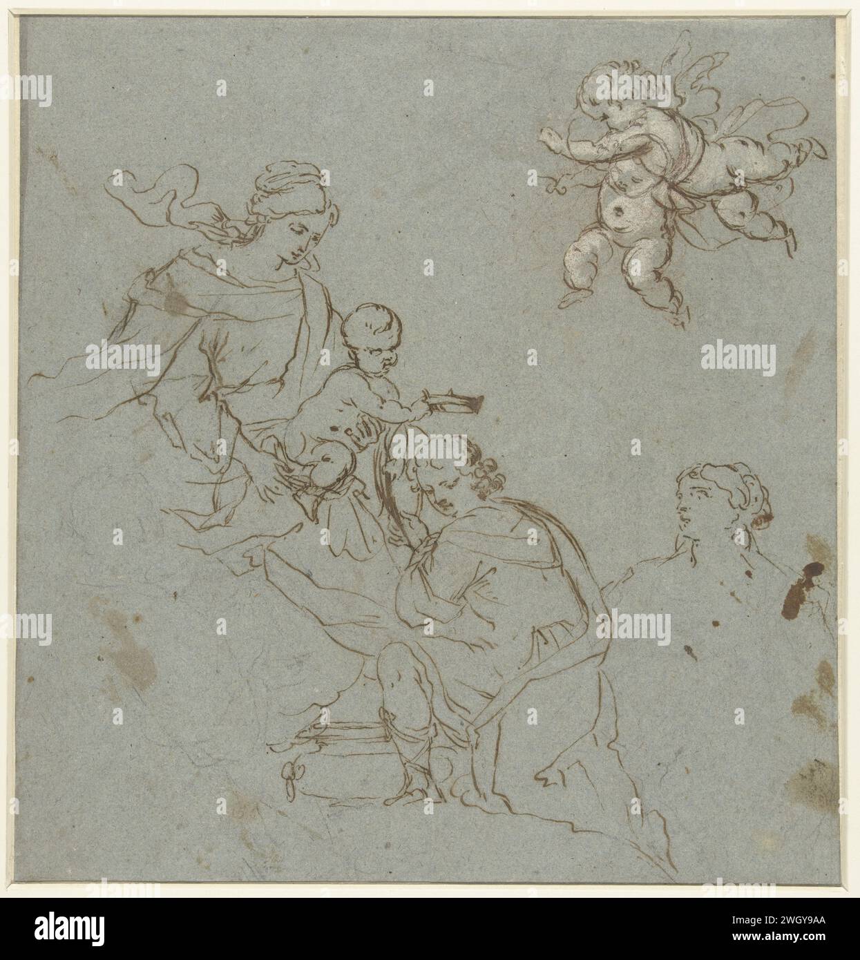 Maria a cheek, Anonymous, After Guido Reni, 1600 - 1699 drawing Mary and Child, that a holy crown.  paper. deck paint. chalk. ink pen Mary sitting or enthroned, the Christ-child in front of her in her lap (or in front of her bosom). the soldier martyr Florian of Lorch; possible attributes: bucket (pitcher), lance with banner, millstone, palm-branch, shield (with cross), sword - apotheosis, glory, triumph of male saint Stock Photo