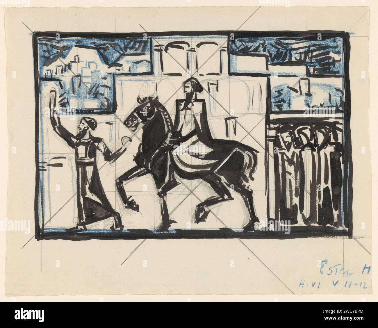 Triomf van Mordechai, Richard Nicolaüs Roland Holst (possibly), 1878 - 1938 drawing   paper. pencil brush Mordecai's triumph: Mordecai, mounted on the king's horse, is led through the city by Haman (Esther and Ahasuerus may be looking on from the palace) Stock Photo