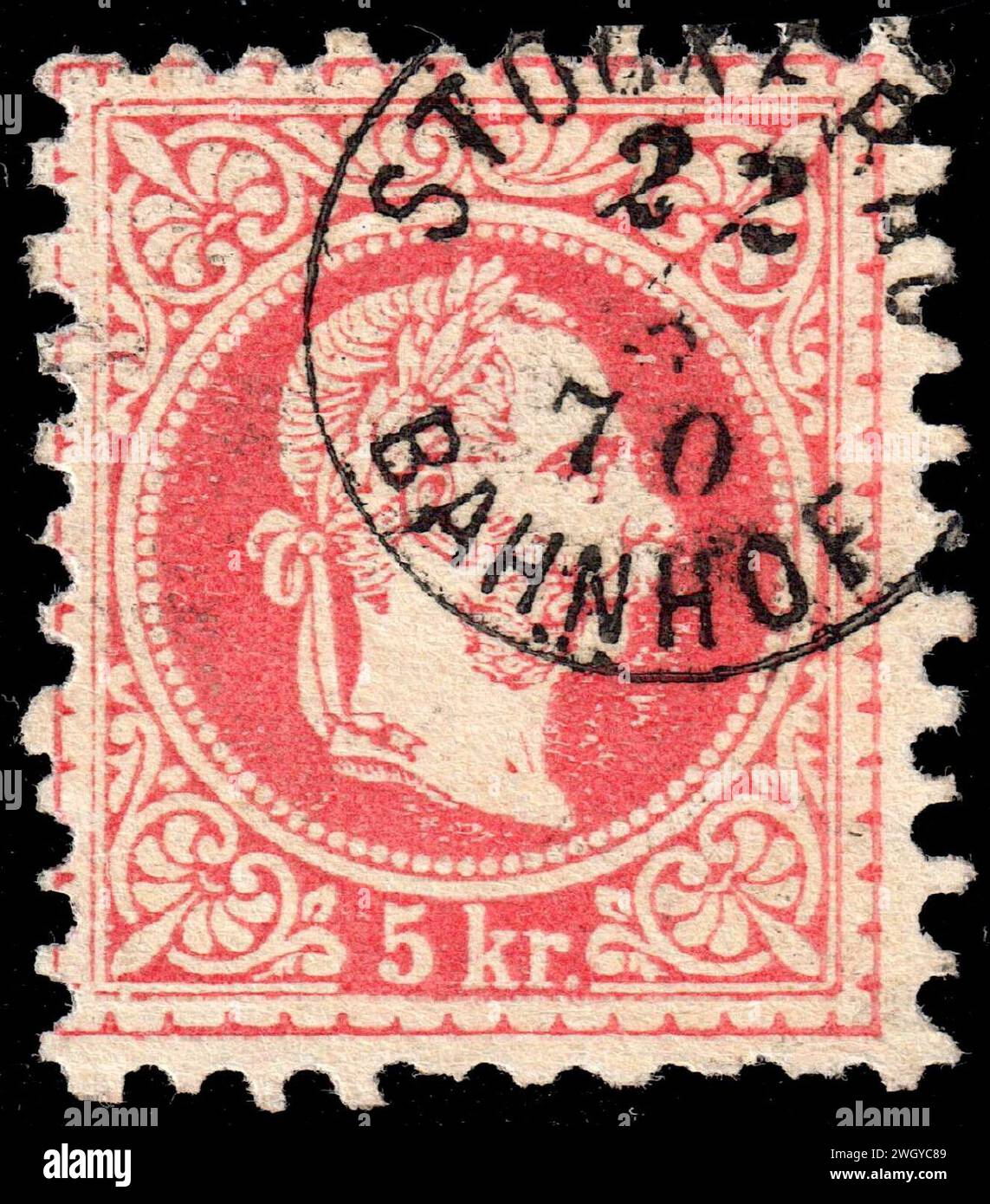 Austria 1867 5kr type I coarse print STOCKERAU BAHNHOF. Stock Photo