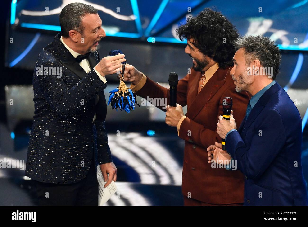 Sanremo, Italia. 06th Feb, 2024. Amadeus, Francesco Renga and Nek