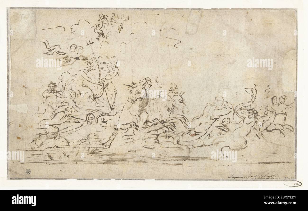 Triomf van Neptune en Amphitrite, Treachorum (1) (Possibly), 1619 - 1668 drawing   paper. ink pen triumph of Neptune and Amphitrite, with a retinue of tritons and Nereids, i.e. marriage train Stock Photo