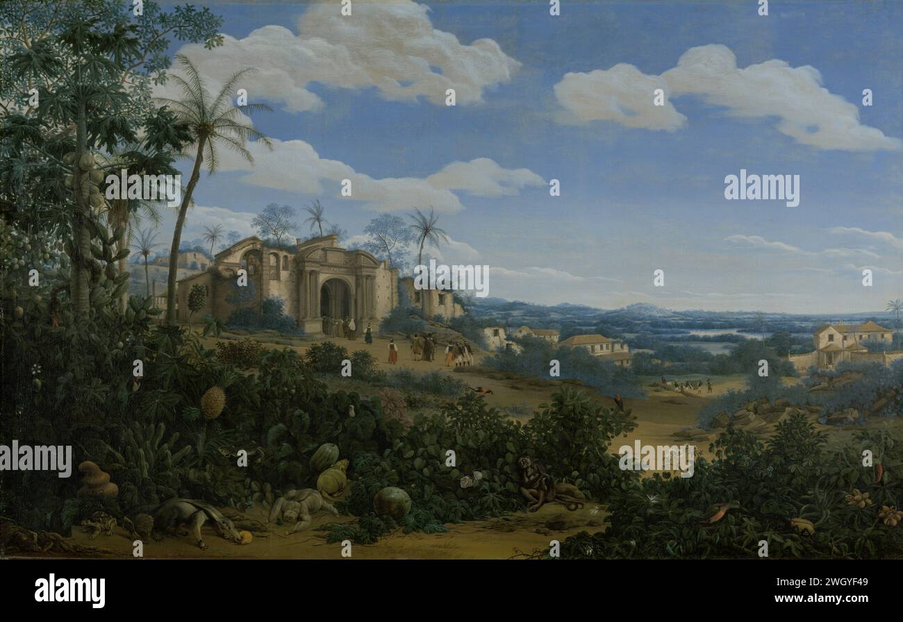 View of Olinda, Brazil, Frans Jansz Post, 1662 painting View of Olinda in Dutch Brazil. On the left on a hill a group of people at the ruin of the church. In the foreground tropical plants, fruits and animals (Armadillo, monkey, sloth, ant eater, lizard).  canvas. oil paint (paint)  landscapes in the non-temperate zone, exotic landscapes. landscape with ruins. church (exterior). other mammals: armadillo. monkeys, apes. lizards: lizard Olinda. Dutch-Brazil Stock Photo