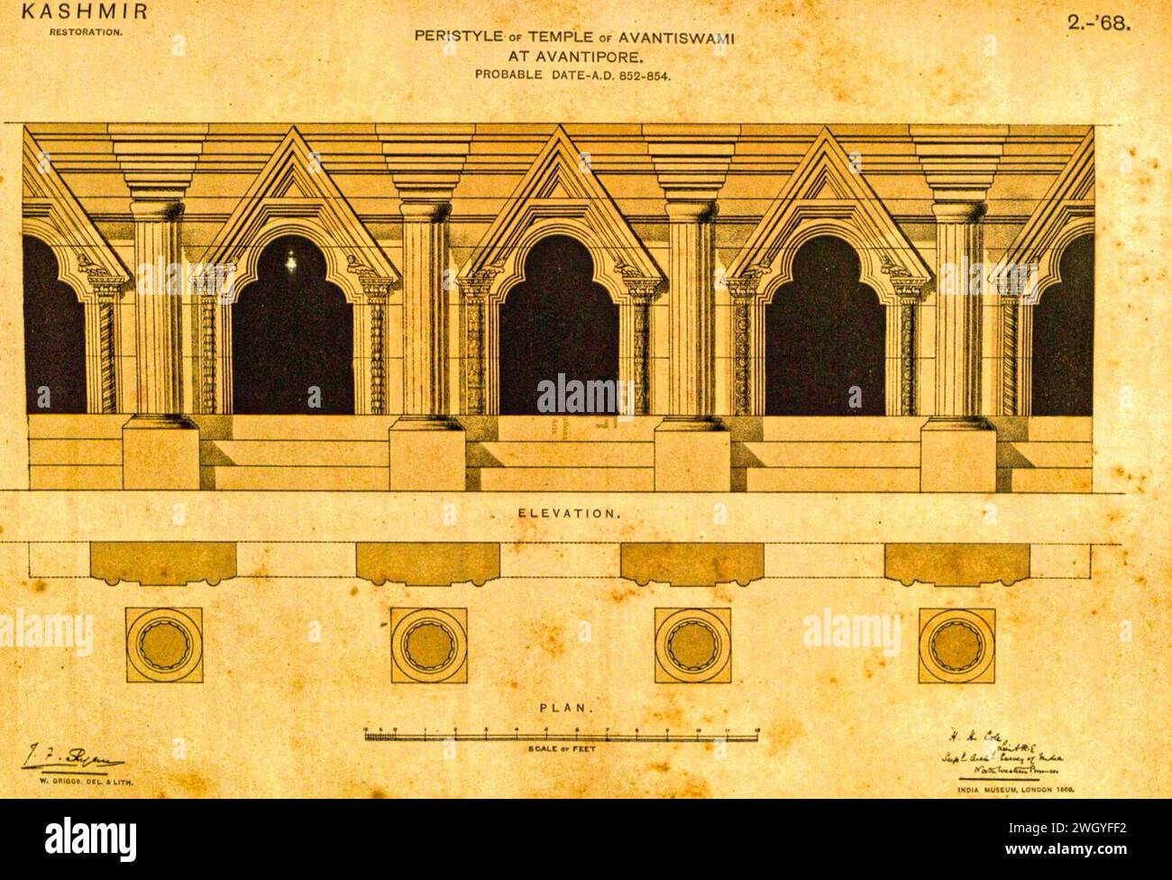 Avantiswami temple peristyle – elevation and plan, Avantipore in 1868 ...