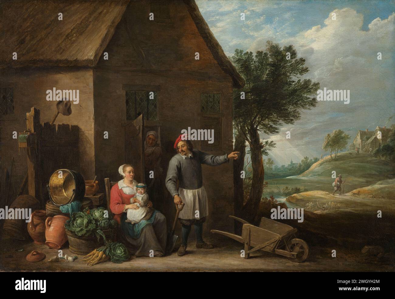 Husbandman at a Cottage Door with a Seated Woman and Child, David Teniers (II), c. 1650 - c. 1655 painting A farmer with his wife and child in front of the farm. The man has a spade in his hand and points to the right. The woman sits with a child on their lap next to a stack of large jugs and copper pans and boilers and a barrel filled with vegetables (coal, carrots and artichokes). On the right is a wheelbarrow.  canvas. oil paint (paint)  farmers - AA - female farmer, farmer's wife. farmers. wheelbarrow. kitchen-utensils Stock Photo
