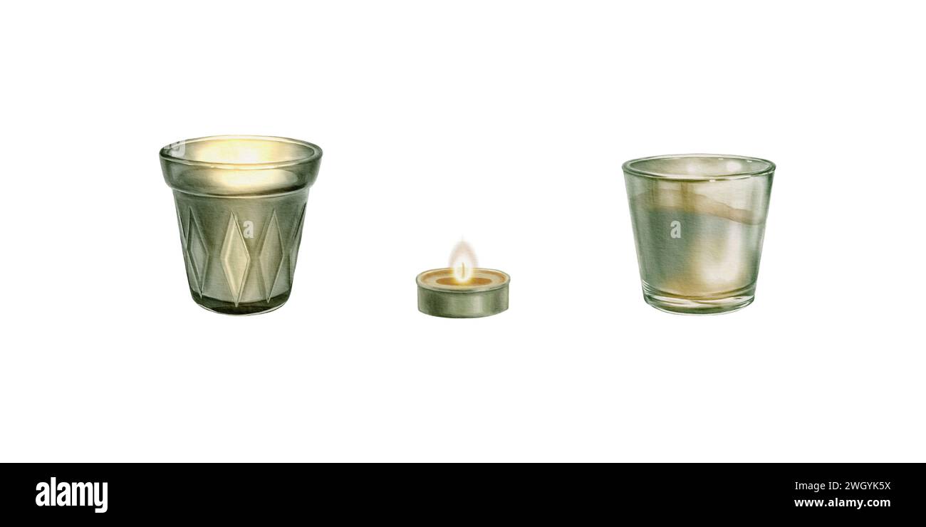 Set of wax candles. Watercolor illustration of a burning glass candle Good for compositions spa, yoga, booklets for salons,religious compositions. Stock Photo