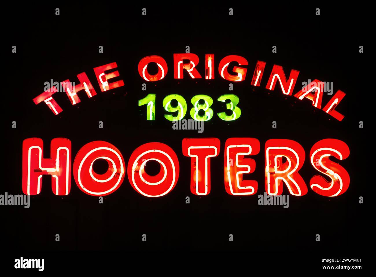 Neon sign at the original Hooters restaurant from 1983, in Clearwater, Florida, USA Stock Photo