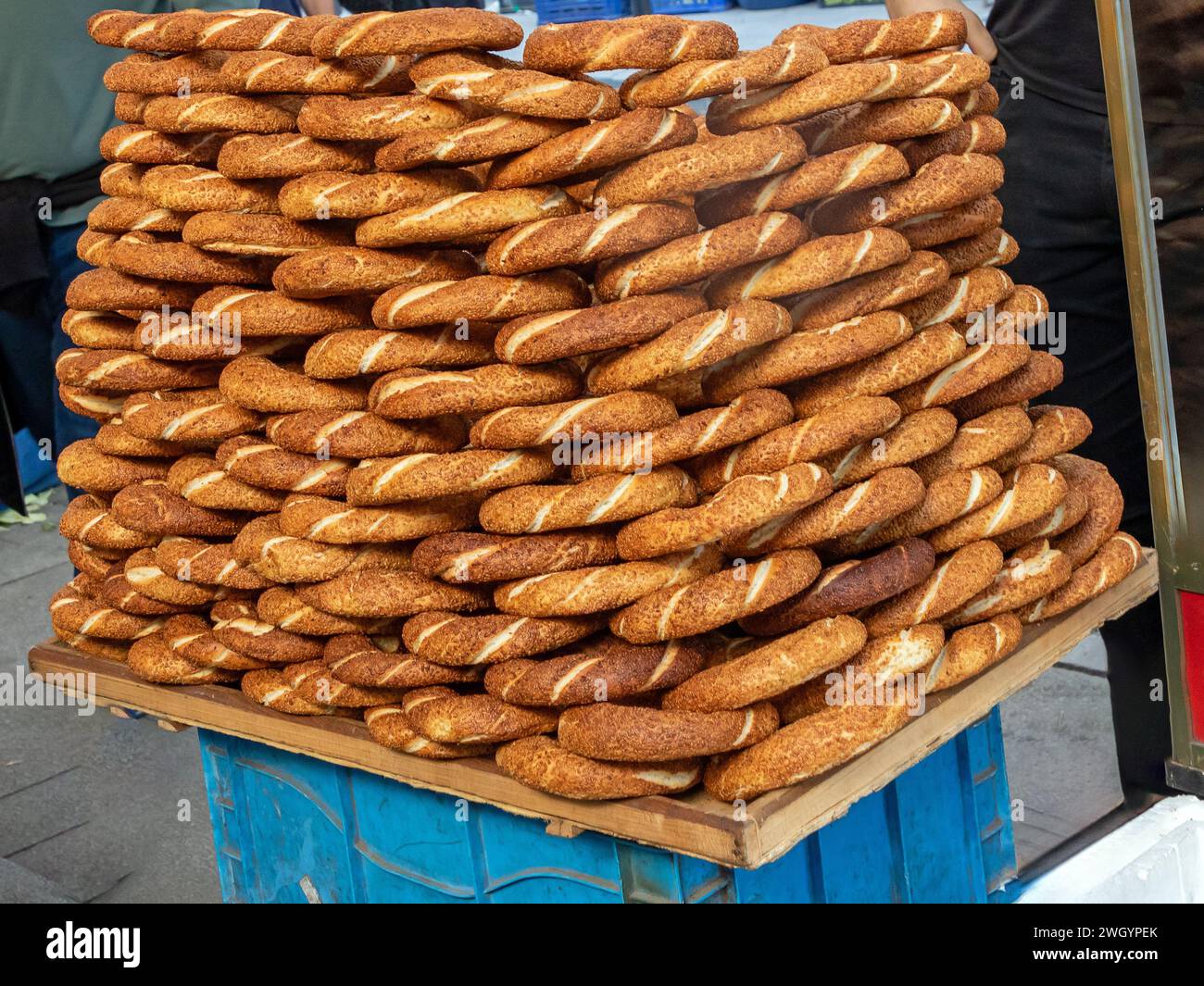 Baked Turkish bagel simit pastry pile sold on street outside Stock ...