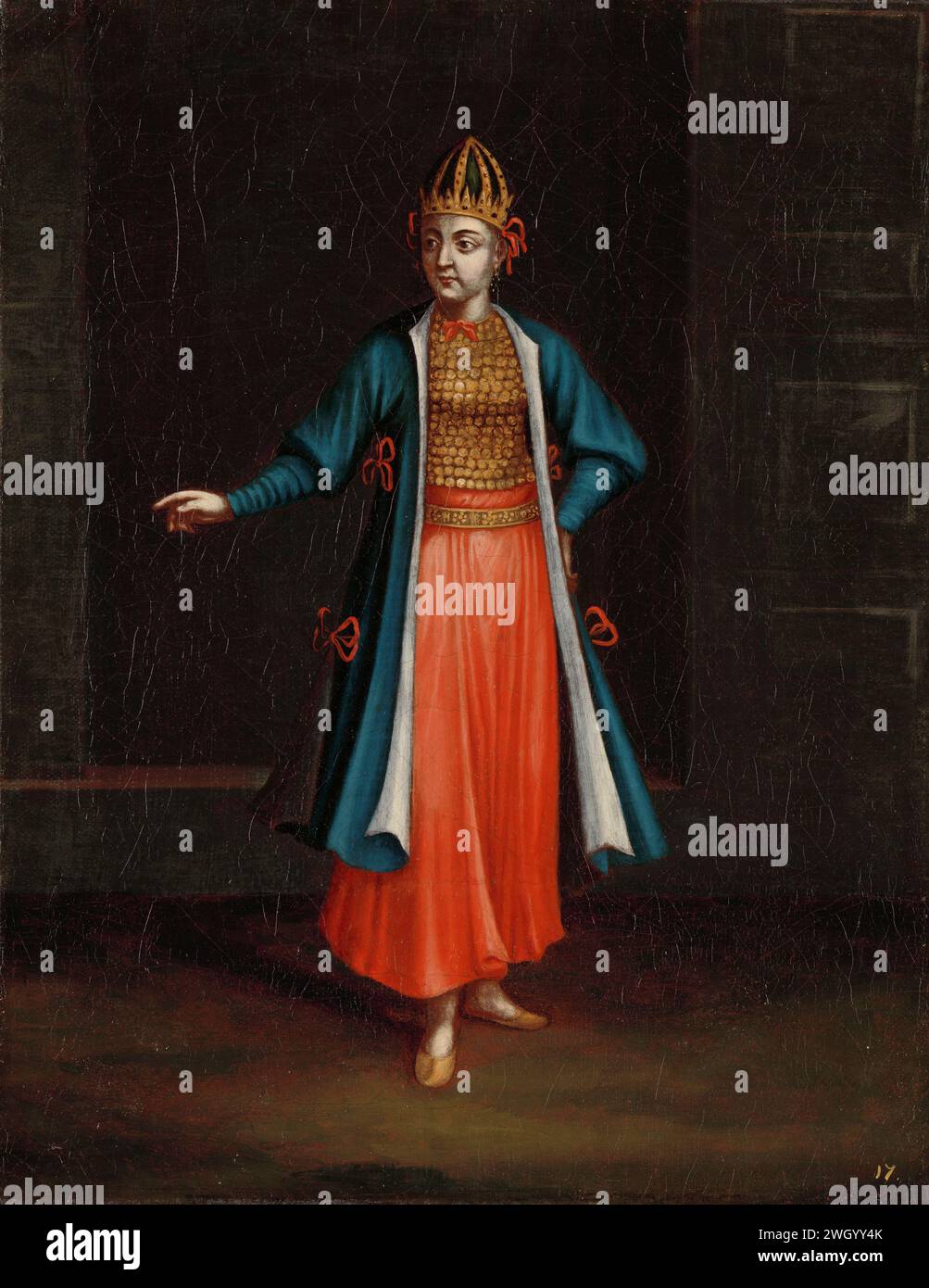 Woman from the Bulgarian Coast, Jean Baptiste Vanmour (workshop of), 1700 - 1737 painting A Bulgarian woman, standing, backwards, with the right hand. Istanbul canvas. oil paint (paint)  standing figure. folk costume, regional costume Turkey. Bulgaria Stock Photo