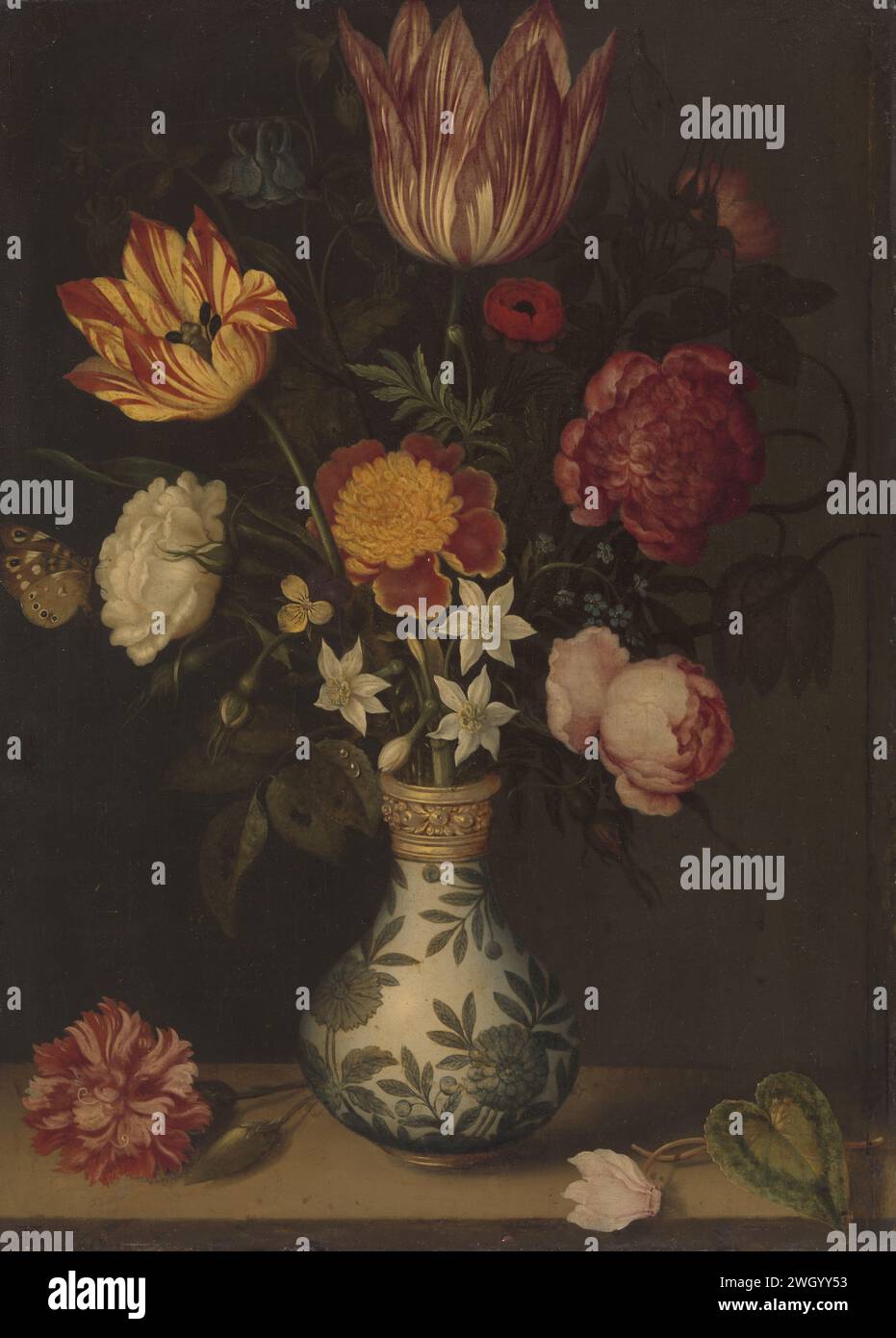 Still Life with Flowers in a Wan-Li Vase, Ambrosius Bosschaert, 1619 painting Still life with flowers in a Wan-Li vase. Bouquet with tulips, roses and daffodils in a vase. On the stone plinth a carnation and a cyclamen.  copper (metal). oil paint (paint)  flowers in a vase. flowers: rose. flowers: tulip. flowers: narcissus. flowers: carnation. container of ceramics: jar, jug, pot, vase Stock Photo