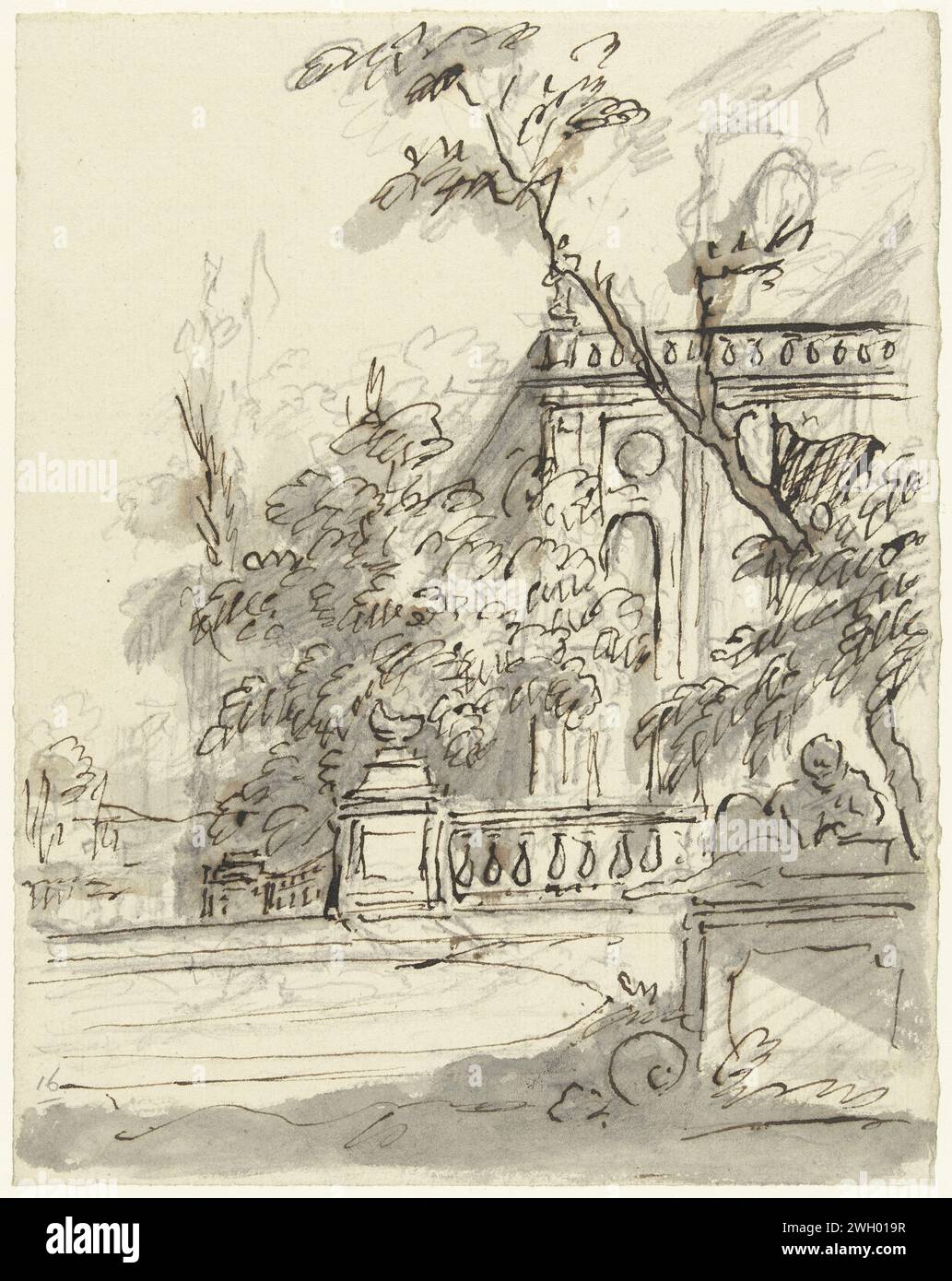 Garden view with pond and balustrade, Dionys van Nijmegen (Possible), 1715 - 1798 drawing Design for a painting.  paper. pencil. ink pen / brush garden Stock Photo