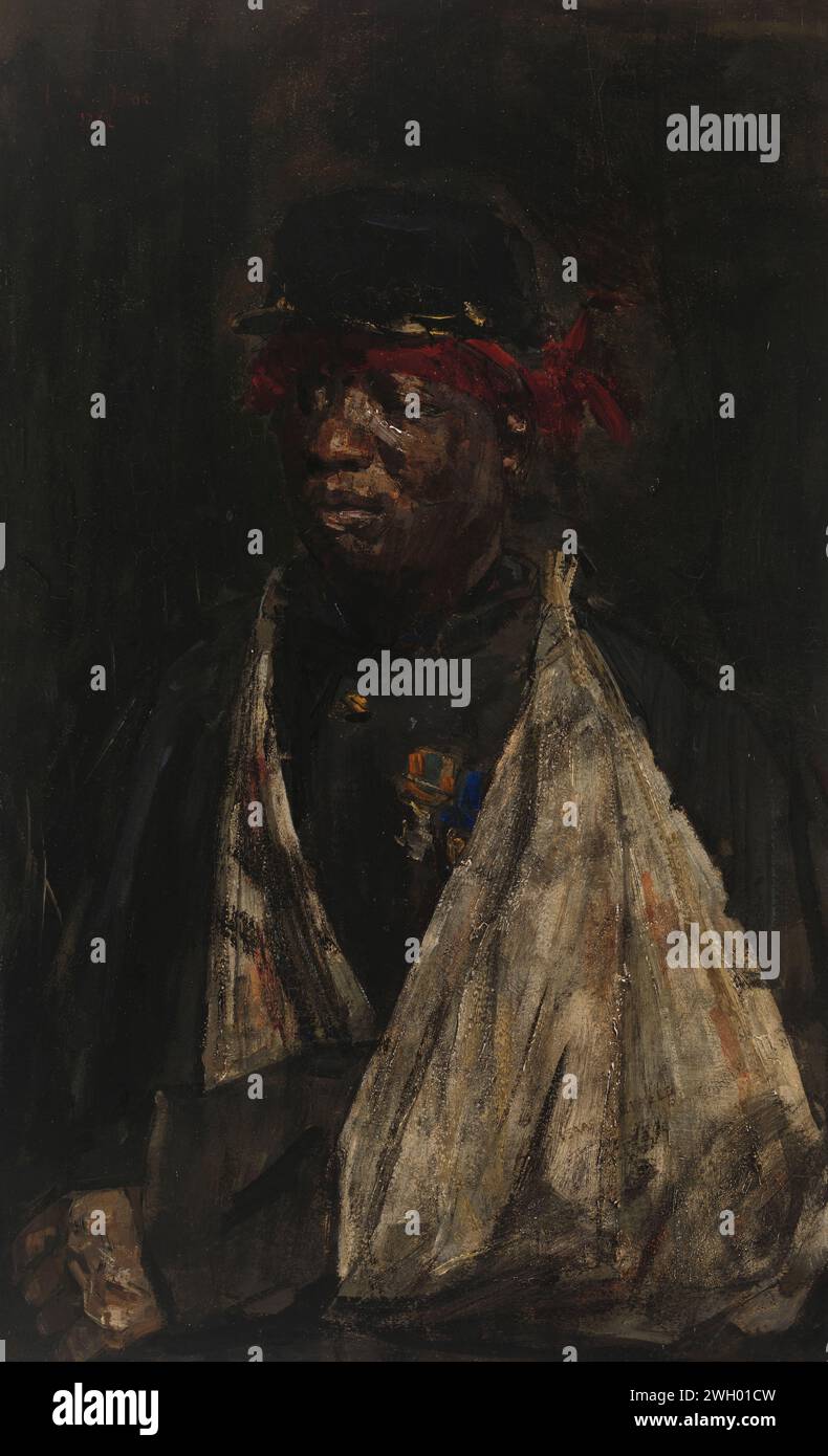 Portrait of a womaned knil soldier, Isaac Israels, painting Portrait of a Ghanaian soldier employed by the Dutch East Indian Army. When he was the name of the Dutch colonial army in the former Ghana slave fort - located in present -day Ghana - the name Kees Pop. His African name is unknown, he was the son of Komena and Ekoerva. 'Pop' came into service in 1869 for twelve years and fought in the Aceh War in Indonesia. The medal with blue ribbon, half hidden under the sling, is the Aceh medal. This was established by the Royal Decree of 12 May 1874 as a reward for the participants in the first Ac Stock Photo