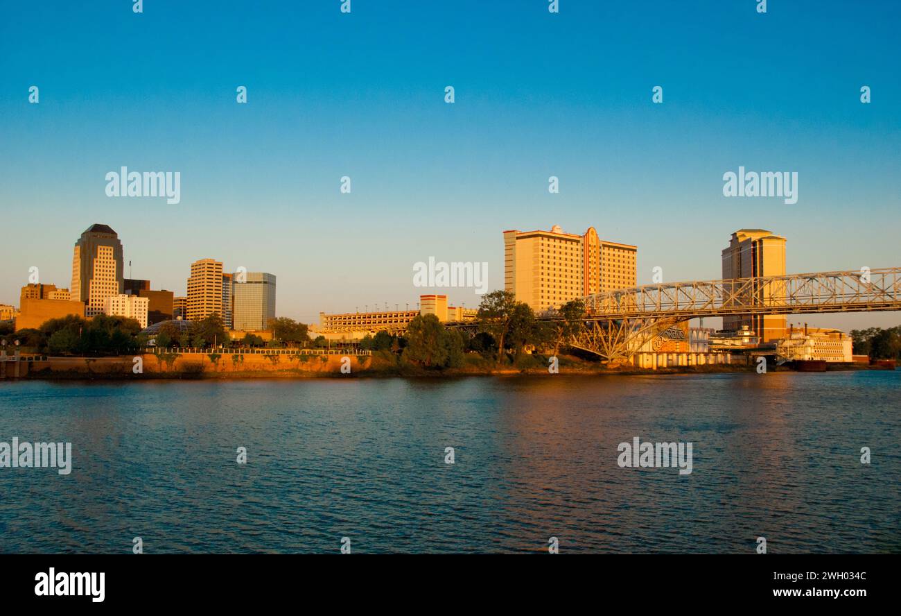 city skyline and riverfront casino district along the Red River - Shreveport, Louisiana Stock Photo
