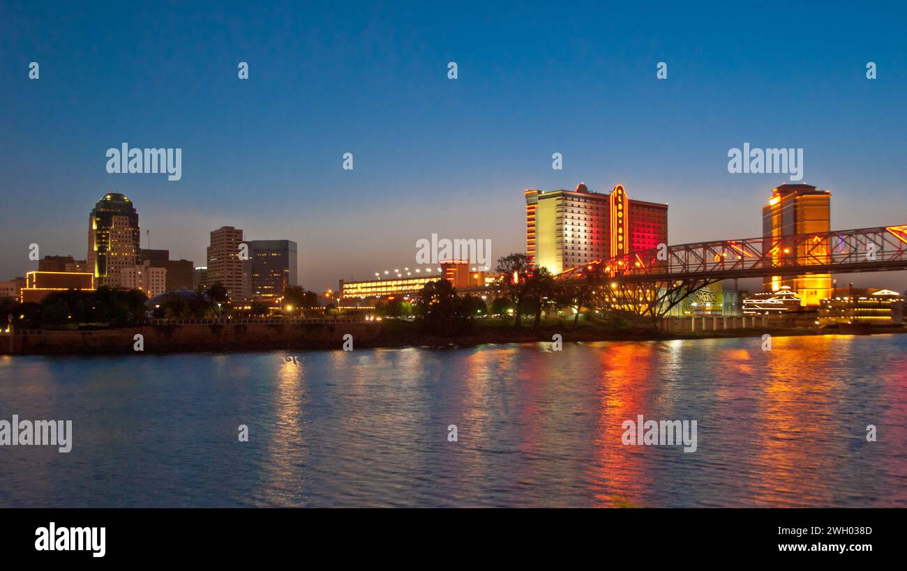 city skyline and riverfront casino district along the Red River - Shreveport, Louisiana Stock Photo