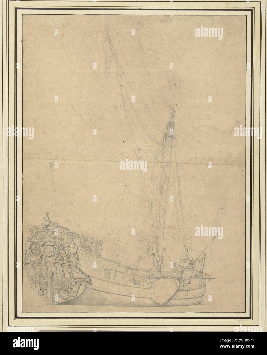 Danish Royal Yacht, Willem van de Velde (I), 1622 - 1707 drawing   paper. pencil brush sailing-ship, sailing-boat (with NAME) Stock Photo