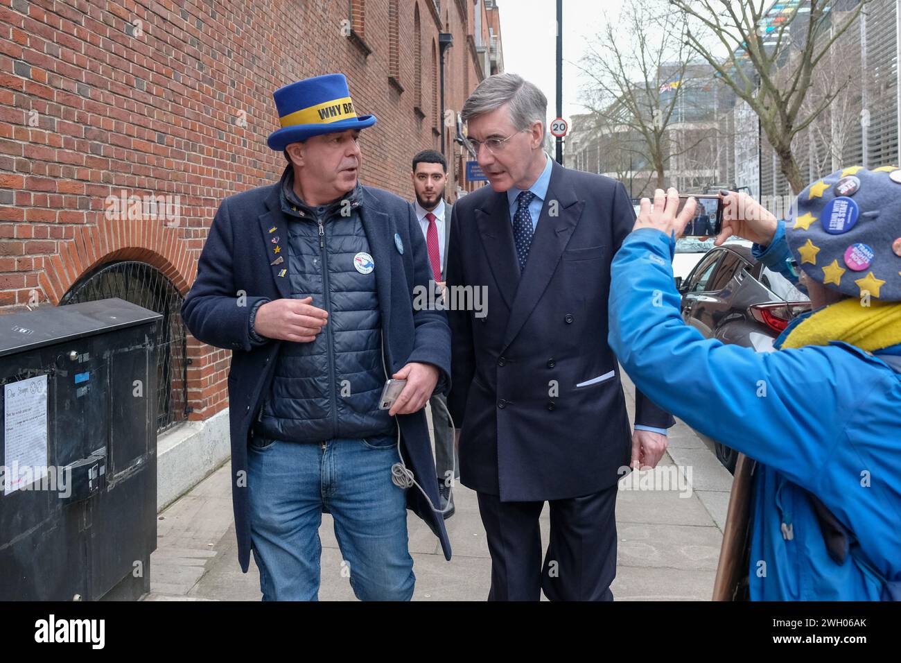 London, UK, 6th February, 2024. Jacob Rees-Mogg leaves the Emmanuel Centre after attending the Popular Conservatism launch event. The former Cabinet Minister debates with anti-Brexit activist Steve Bray. Credit: Eleventh Hour Photography/Alamy Live News Stock Photo