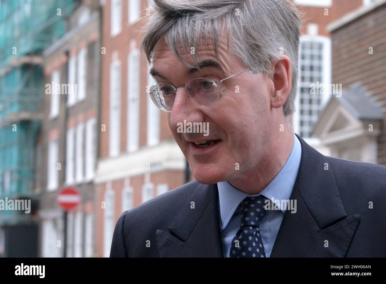 London, UK, 6th February, 2024. Jacob Rees-Mogg leaves the Emmanuel Centre after attending the Popular Conservatism launch event. The former Cabinet Minister debates with anti-Brexit activist Steve Bray. Credit: Eleventh Hour Photography/Alamy Live News Stock Photo