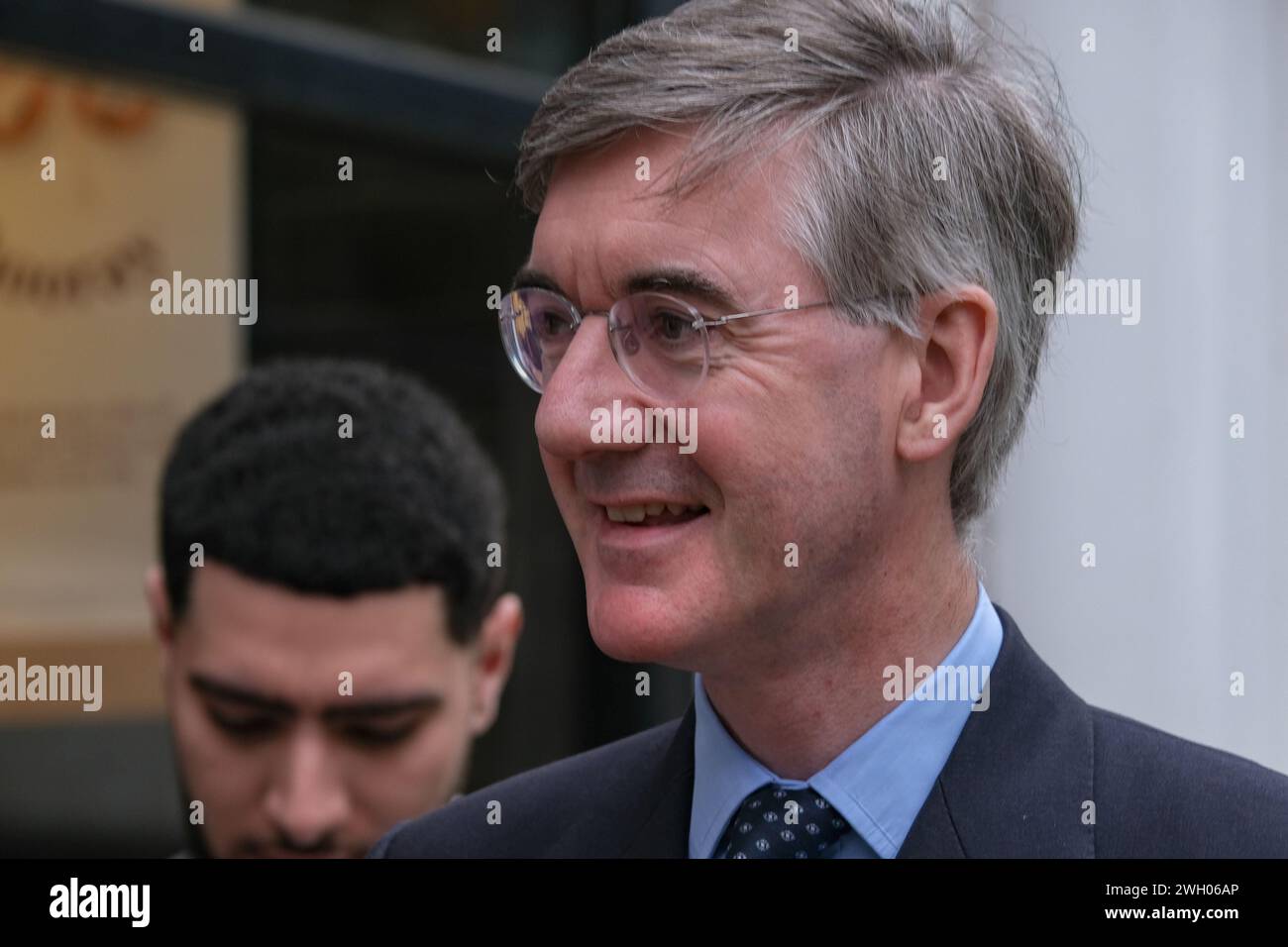 London, UK, 6th February, 2024. Jacob Rees-Mogg leaves the Emmanuel Centre after attending the Popular Conservatism launch event. The former Cabinet Minister debates with anti-Brexit activist Steve Bray. Credit: Eleventh Hour Photography/Alamy Live News Stock Photo