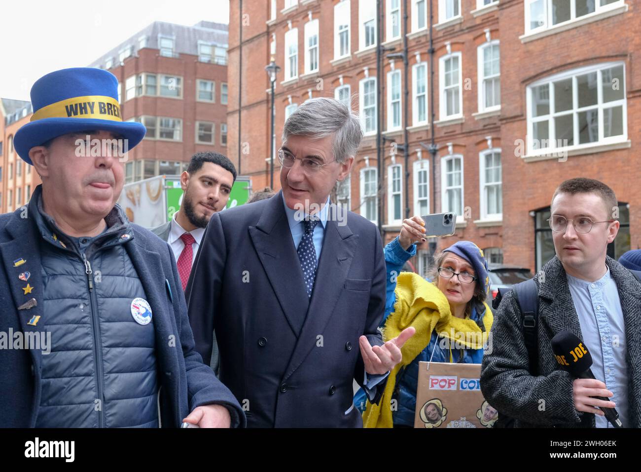 London, UK, 6th February, 2024. Jacob Rees-Mogg leaves the Emmanuel Centre after attending the Popular Conservatism launch event. The former Cabinet Minister debates with anti-Brexit activist Steve Bray. Credit: Eleventh Hour Photography/Alamy Live News Stock Photo