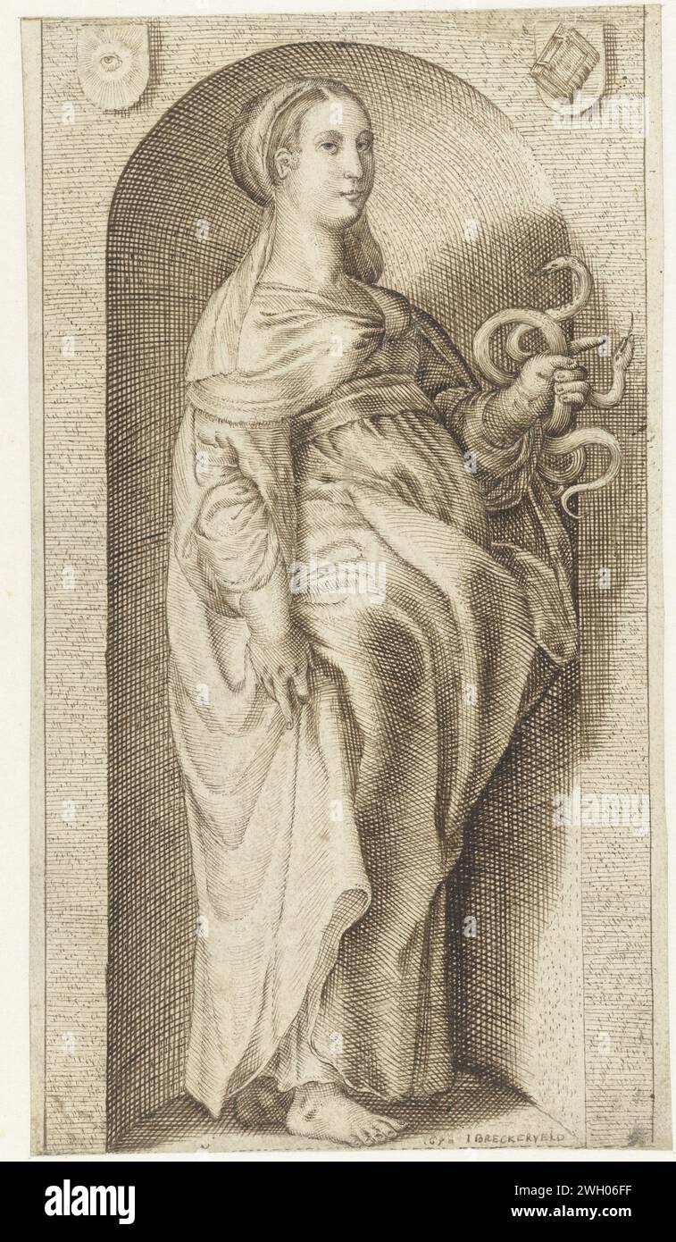 Prudentia, Jozua Breckerveld, after Jacob Matham, after Hendrick Goltzius, 1658 drawing   paper. ink pen Prudence, 'Prudentia'; 'Prudenza' (Ripa)  one of the Four Cardinal Virtues Stock Photo