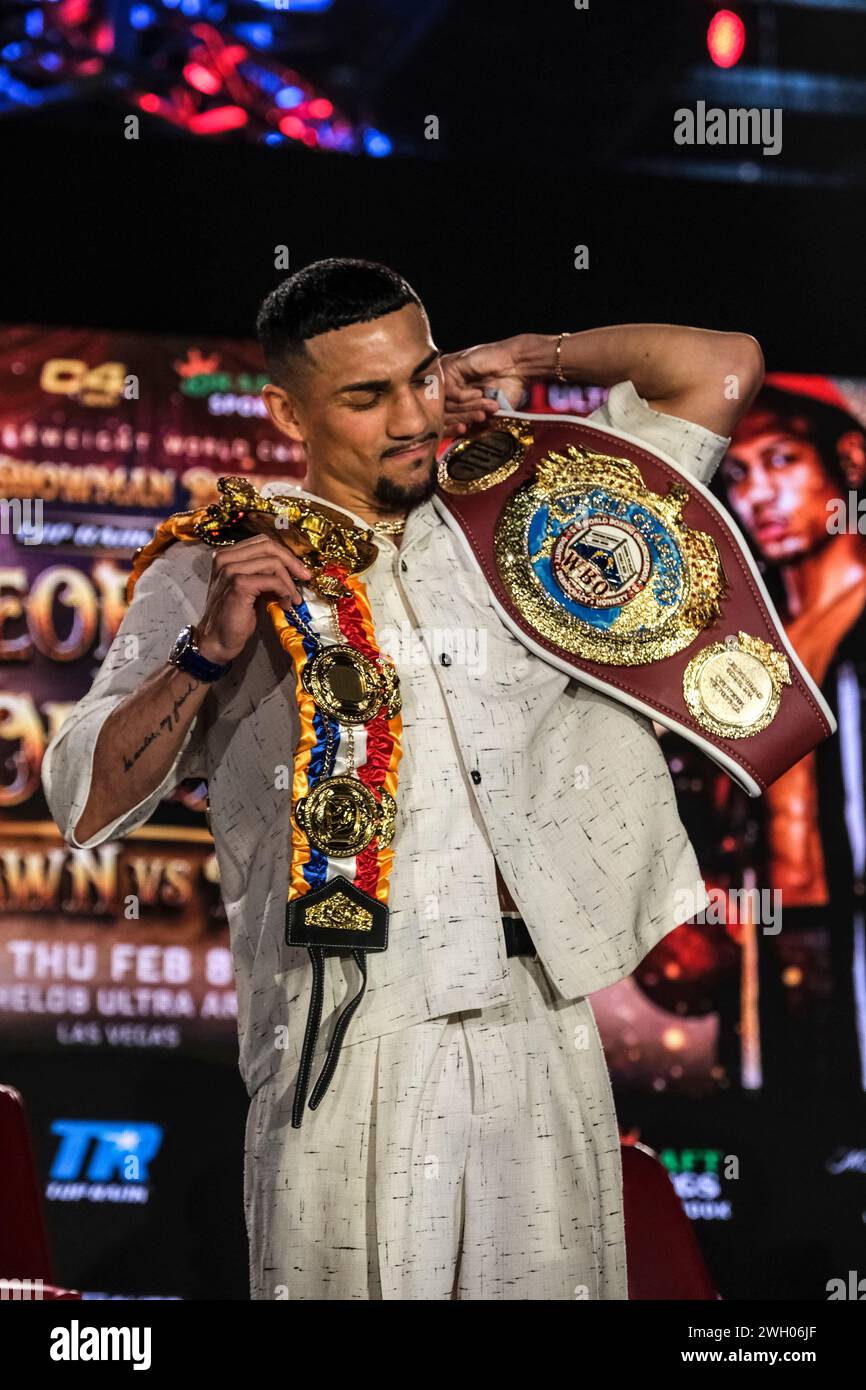 Las Vegas, Nevada, USA. 6th Feb, 2024. Super lightweight champion Teofimo Lopez poses with his WBO and Ring Magazine championship belts at the final press conference for his bout with Jamaine Ortiz. (Credit Image: © Adam DelGiudice/ZUMA Press Wire) EDITORIAL USAGE ONLY! Not for Commercial USAGE! Stock Photo