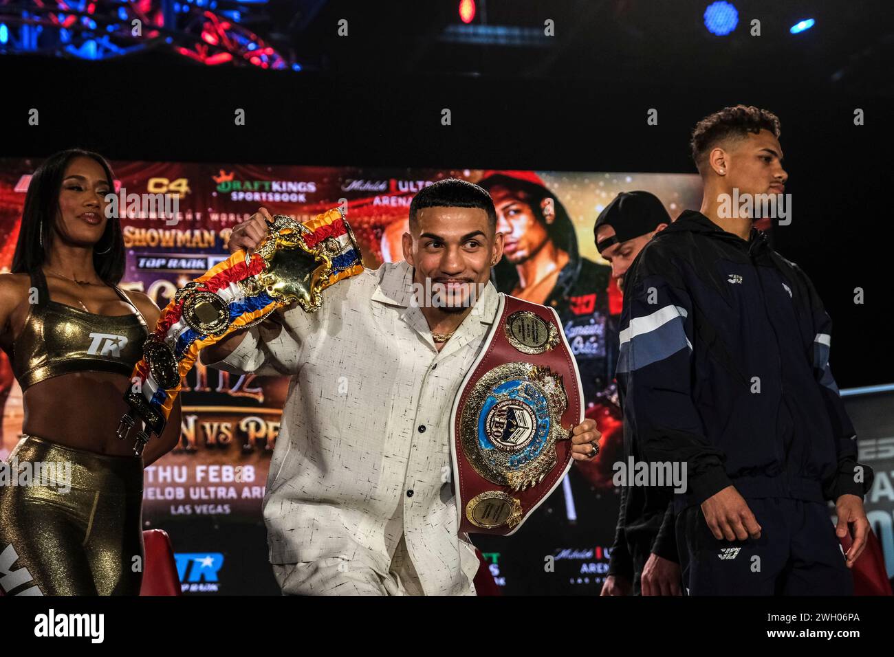 Las Vegas, Nevada, USA. 6th Feb, 2024. Super lightweight champion Teofimo Lopez poses with his WBO and Ring Magazine championship belts after facing off with Jamaine Ortiz at the final press conference for their bout on Feb. 8 at the Mandalay Bay. (Credit Image: © Adam DelGiudice/ZUMA Press Wire) EDITORIAL USAGE ONLY! Not for Commercial USAGE! Stock Photo