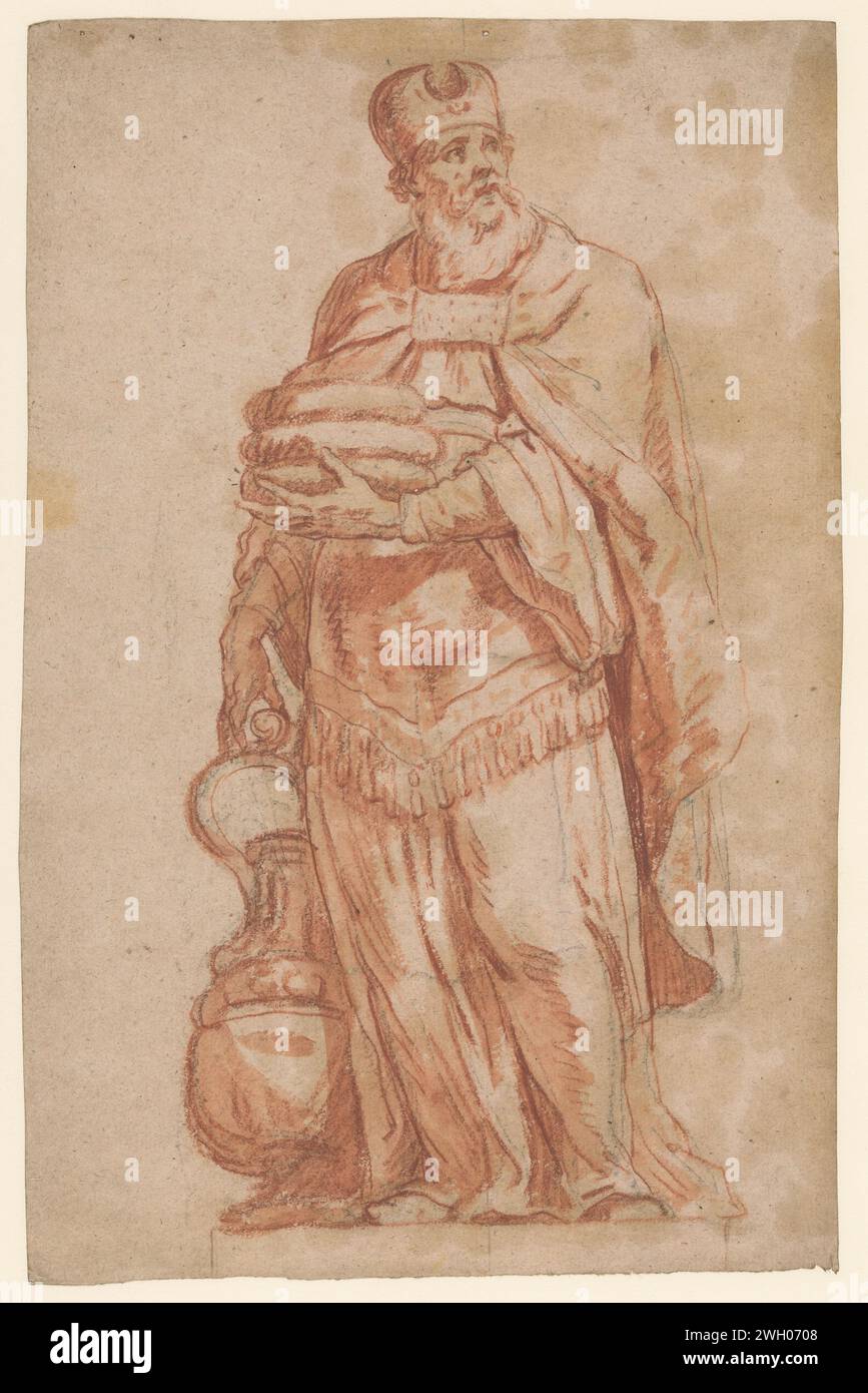 Aaron with the show breaks, Anonymous, 1650 - 1700 drawing   paper. chalk brush the twelve cakes of the showbread  Jewish religion. high priest  hierarchy of priests. Aaron (not in biblical context); possible attributes: attributes of Aaron: censer, dressed as high priest or bishop, ointment jar, rod or flowering wand Stock Photo