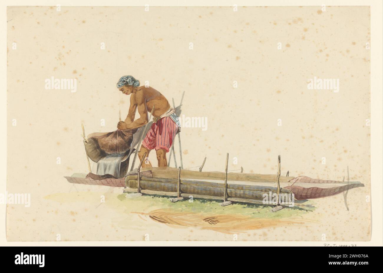 Man busy processing the marrow of the sagopalm to flour, Ernest Alfred Hardouin, c. 1837 - c. 1854 drawing Man busy processing the marrow of the sagopalm to flour, with water in a hollowed -out sagopalm stem.  paper. pencil. watercolor (paint) brush Stock Photo