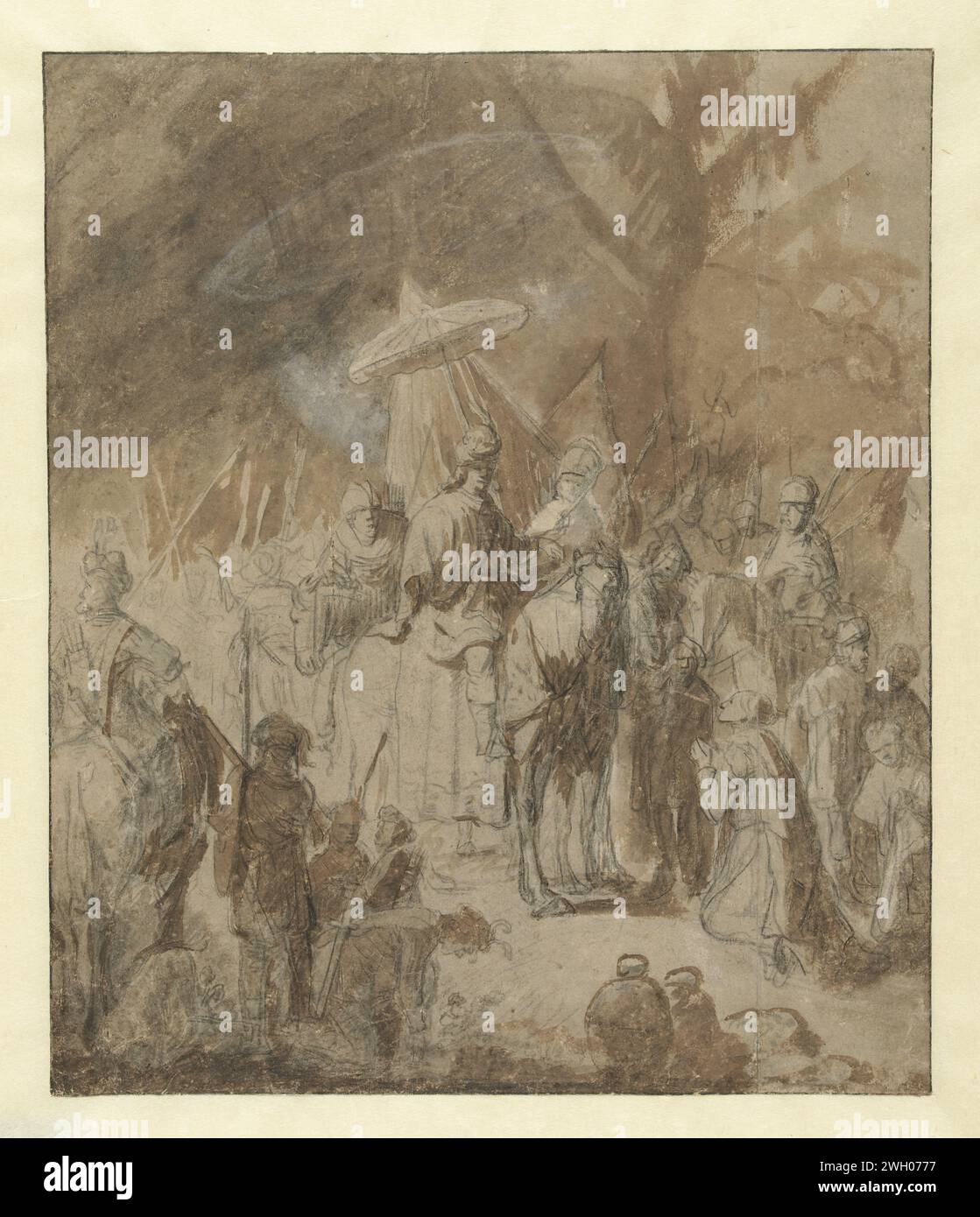 Offering of Abigail, Jan Victors (attributed to), c. 1635 - c. 1640 drawing  Amsterdam paper. chalk. paint (coating) brush meeting of David and Abigail, who kneels before him Stock Photo