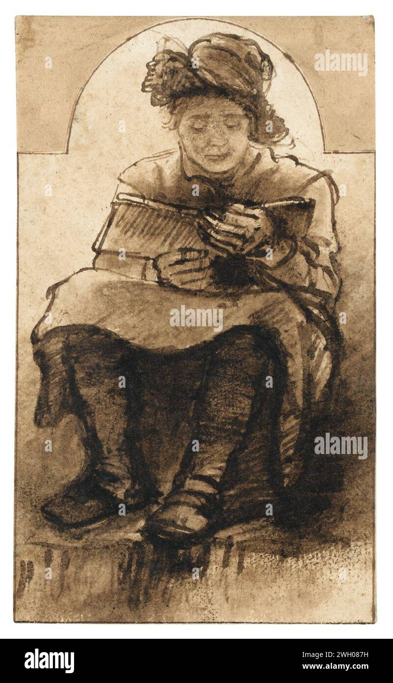 Barent Fabritius - Attribué à - Jeune garçon coiffé d'un chapeau, assis en train de lire, lot.81. Stock Photo