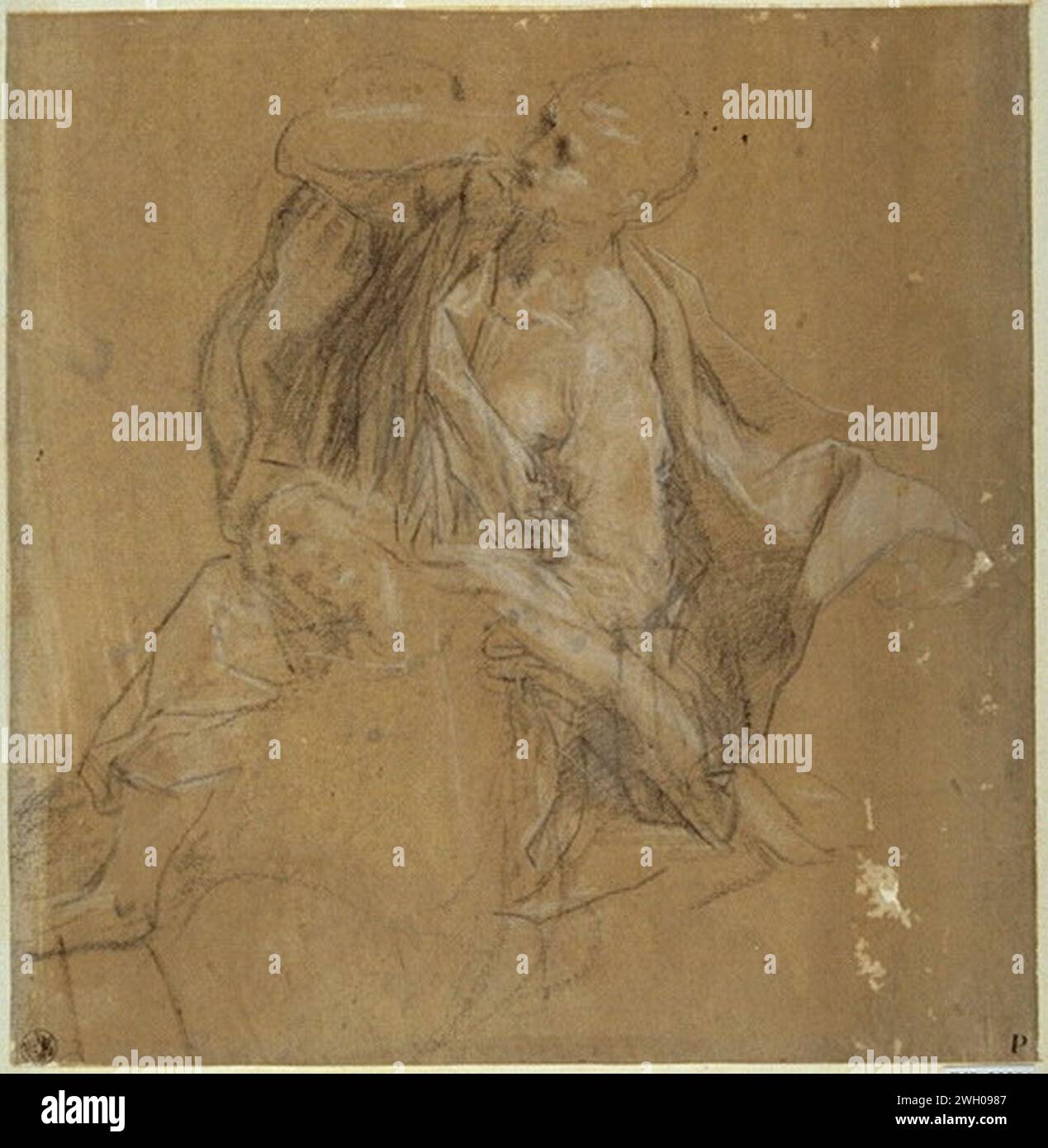 Barocci - Gewandstudie für einen Mann in Dreiviertelansicht nach links, Arm und Kopf einer weiblichen Figur, obj02021545. Stock Photo