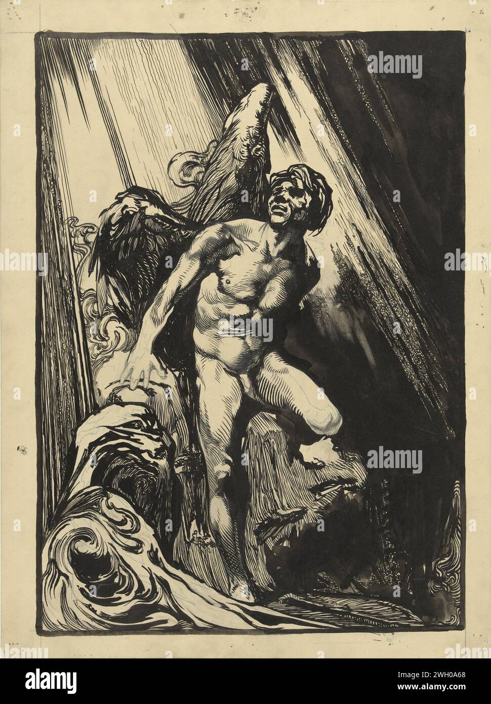 Lucifer in a rocky landscape at a stream, looking to the light, Johannes Josephus Aarts, 1881 - 1934 drawing Design for a print.  paper. pencil pen / brush the fall of Satan, fall of Lucifer. devil(s) and demons: Lucifer Stock Photo