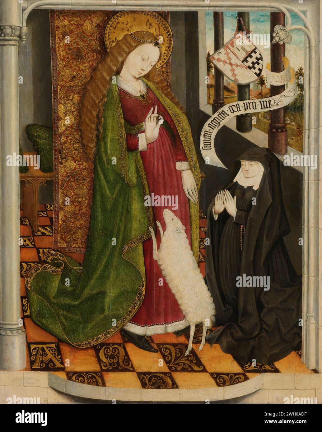 Geertruy Haeck Kneeling in Prayer before Saint Agnes, anonymous, c. 1465 painting The founder Geertruy Haeck-van Slingelandt van der Tempel (ca. 1425-1467) kneeling in prayer for the holy Agnes with a lamb. At the top right in front of the window a banderole with text and the family crest. Northern Netherlands panel. oil paint (paint)  the virgin martyr Agnes of Rome; possible attributes: lamb, ring - specific aspects ~ female saint. historical persons - BB - woman Stock Photo