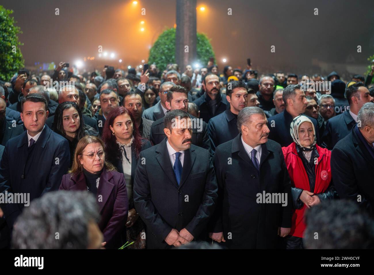 Hatay, Turkey. 06th Feb, 2024. Minister of Health of the Republic of Turkey Fahrettin Koca attends the anniversary. On December 6, 2023, Turkey experienced the biggest earthquake in its history in the Syrian border region. After consecutive earthquakes of magnitude 7.4 and 7.7, 10 provinces in the eastern region were affected. In Hatay, one of the provinces most affected by the earthquake, people came together for the 1st anniversary of the earthquake. Credit: SOPA Images Limited/Alamy Live News Stock Photo