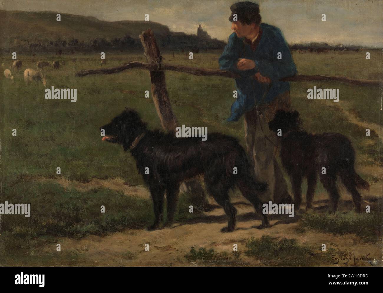 Farmer with dogs, Emile van Marcke de Lummen, c. 1850 - c. 1890 painting Meadow landscape with grazing sheep. In the foreground a farmer with two large black dogs, leaning on a fence.  canvas. oil paint (paint)  meadow, pasture. farmers. dog Stock Photo