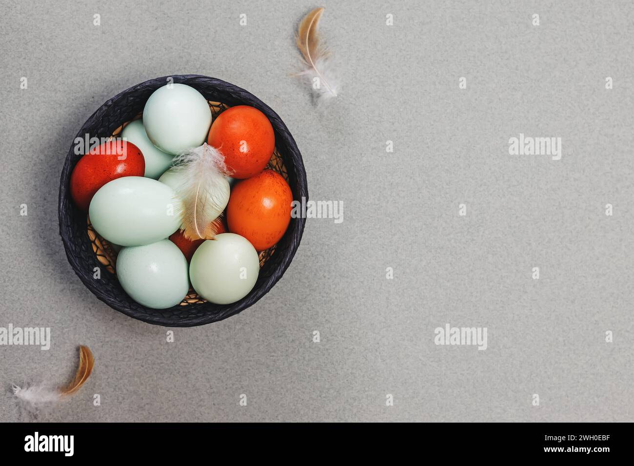 Blue and red colored eggs in a basket and bird feathers top view, Easter composition Stock Photo