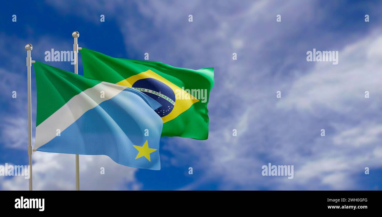 Official flags of the country Brazil and federal state of Mato Grosso Sul. Swaying in the wind under the blue sky. 3d rendering Stock Photo