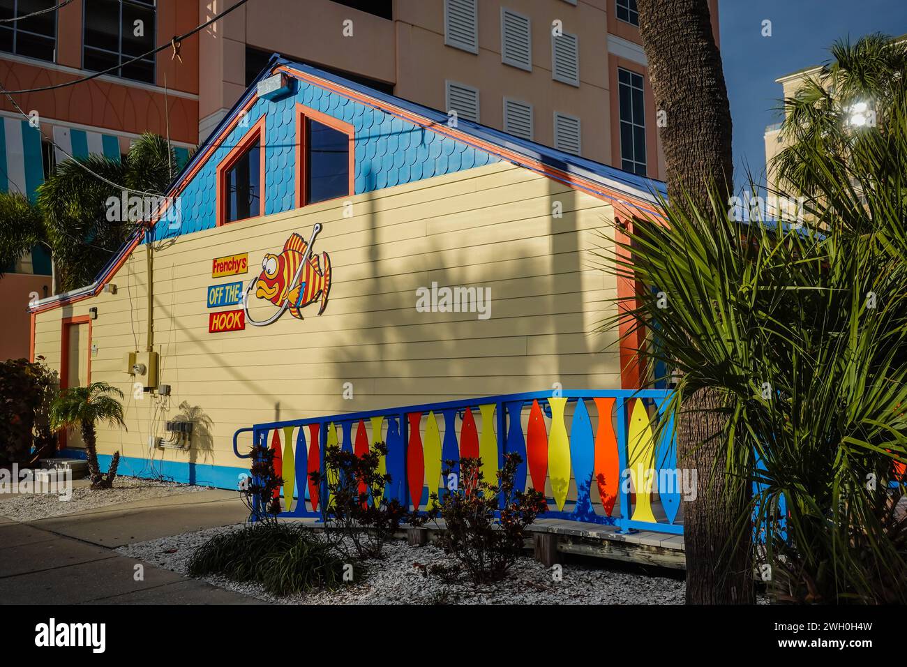 Frenchy's Off The Hook, a vibrant seafood shack with festive decor in Clearwater, Florida Stock Photo