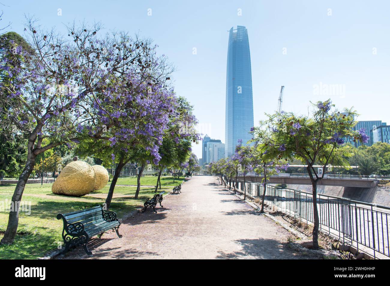 El Parque de las Esculturas, located in Santiago, Chile, is a prominent outdoor sculpture park showcasing a diverse collection of contemporary artwork. Stock Photo