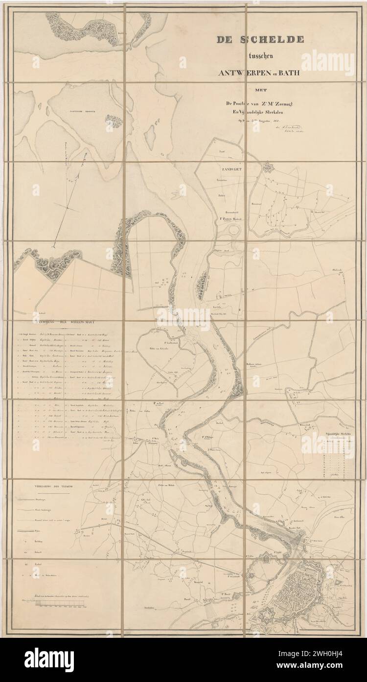 Map of De Schelde, 1831, 1831 drawing Map of the walking area of the River Scheldt between Fort Bath in Zeeland and the city of Antwerp on 3 August 1831. On the river, the positions of the Dutch warships are indicated and numbered 1-40 (Legende on the left). On the right the legend of the Belgian batteries along the river banks. Netherlands paper. linen (material) pen maps of separate countries or regions. marine charts Antwerp. Scales Stock Photo