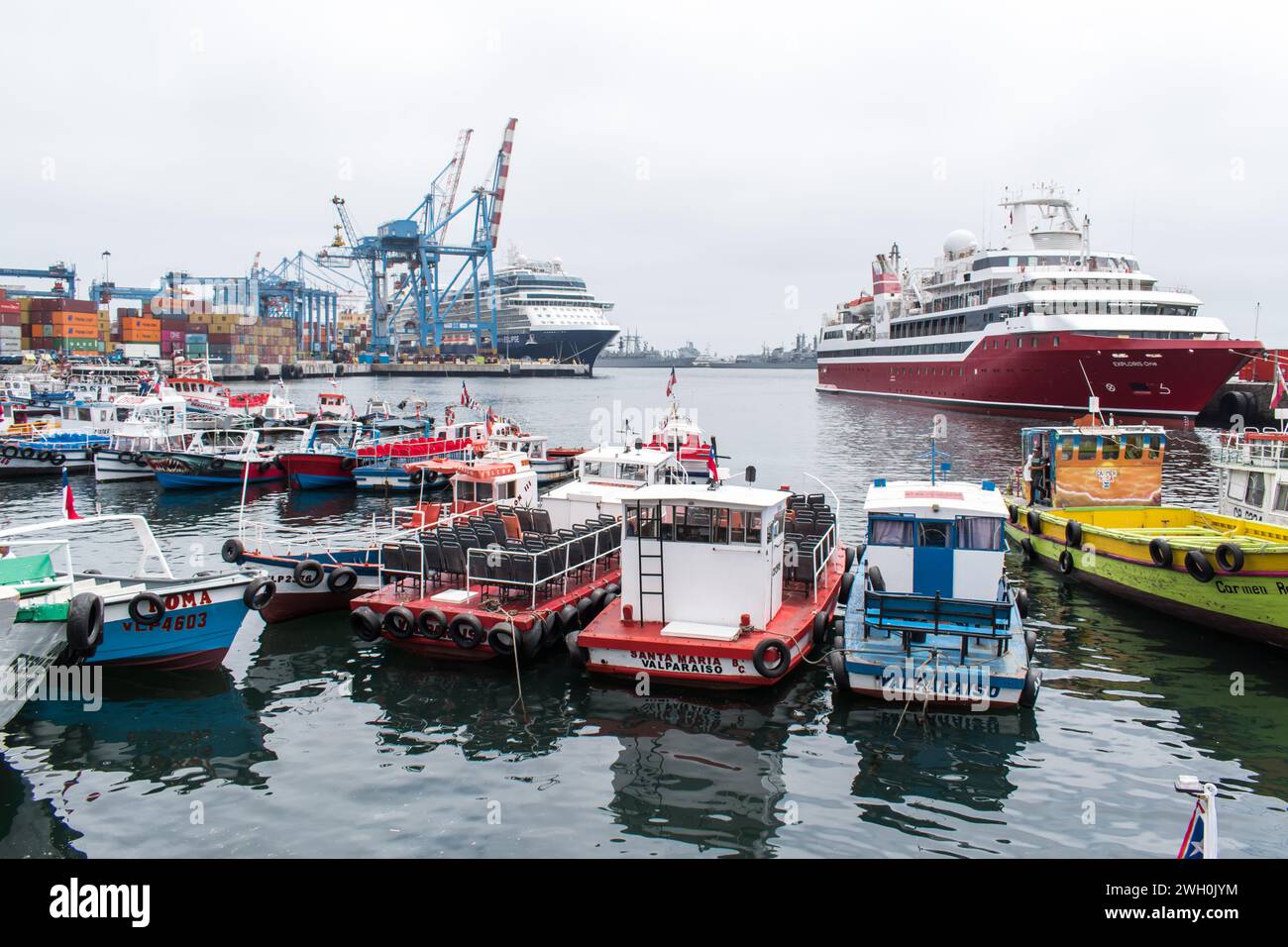 The Port of Valparaíso, located in the city of the same name in Chile's Valparaíso Region, is one of the country's main container terminals. Stock Photo