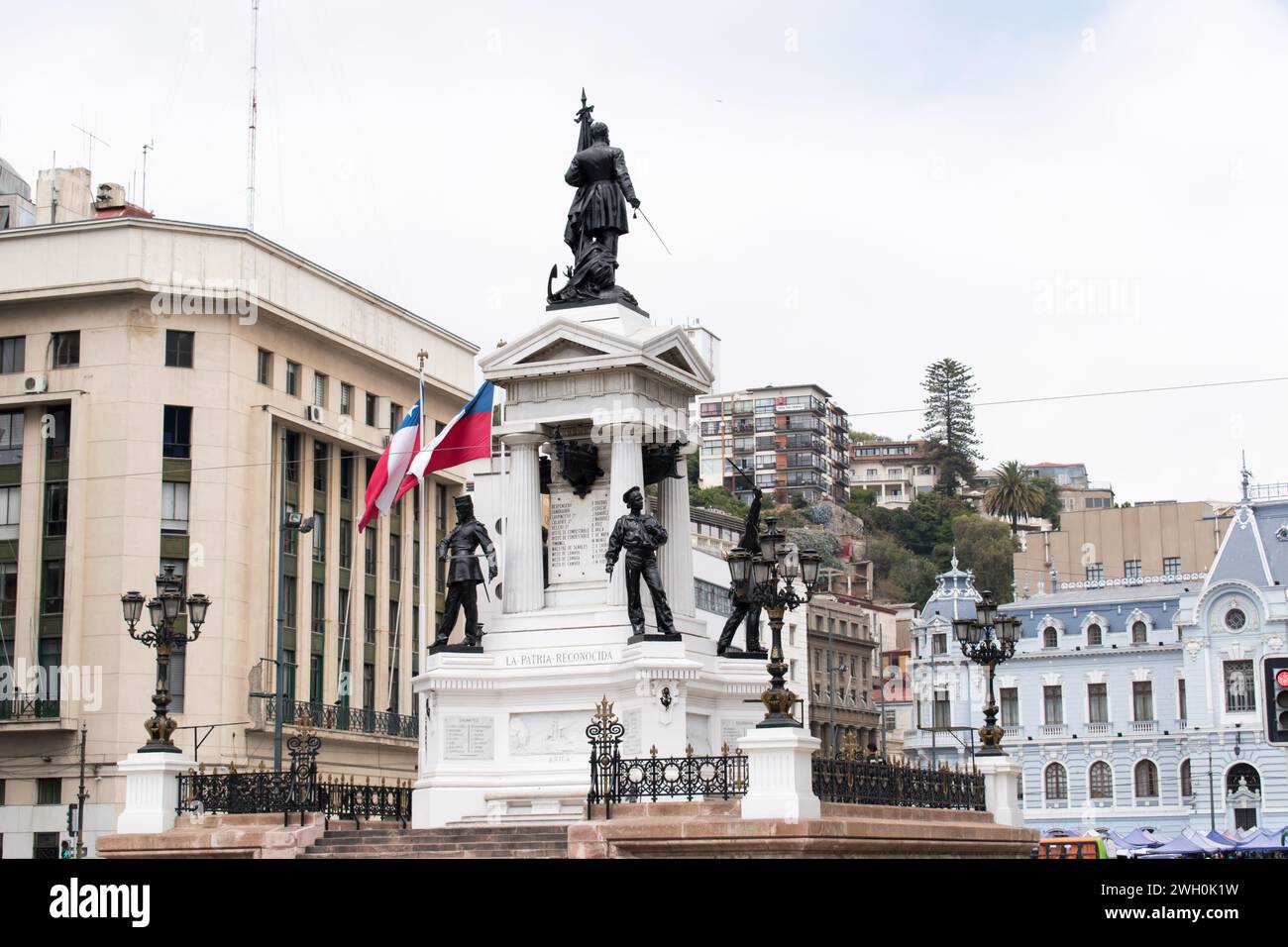 The Monument to the Heroes of Iquique located in Plaza Sotomayor, Valparaiso, commemorates the heroic actions of the Chilean naval officers. Stock Photo
